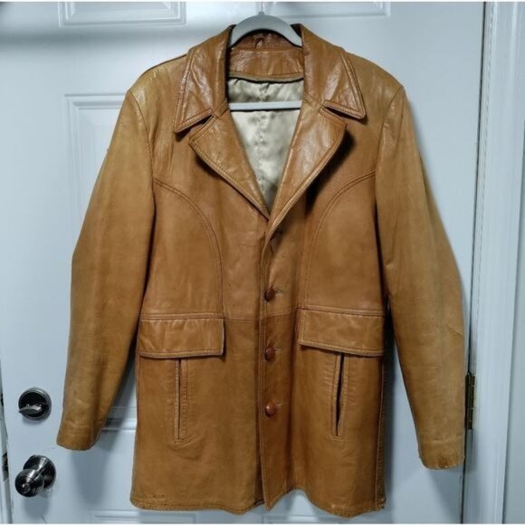 Vintage 70's Mens Butter Soft Tan Leather Blazer M - Picture 12 of 16